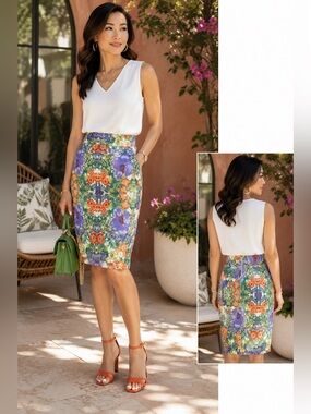 Antonio Melani Floral Print Pencil Skirt - Green Multi